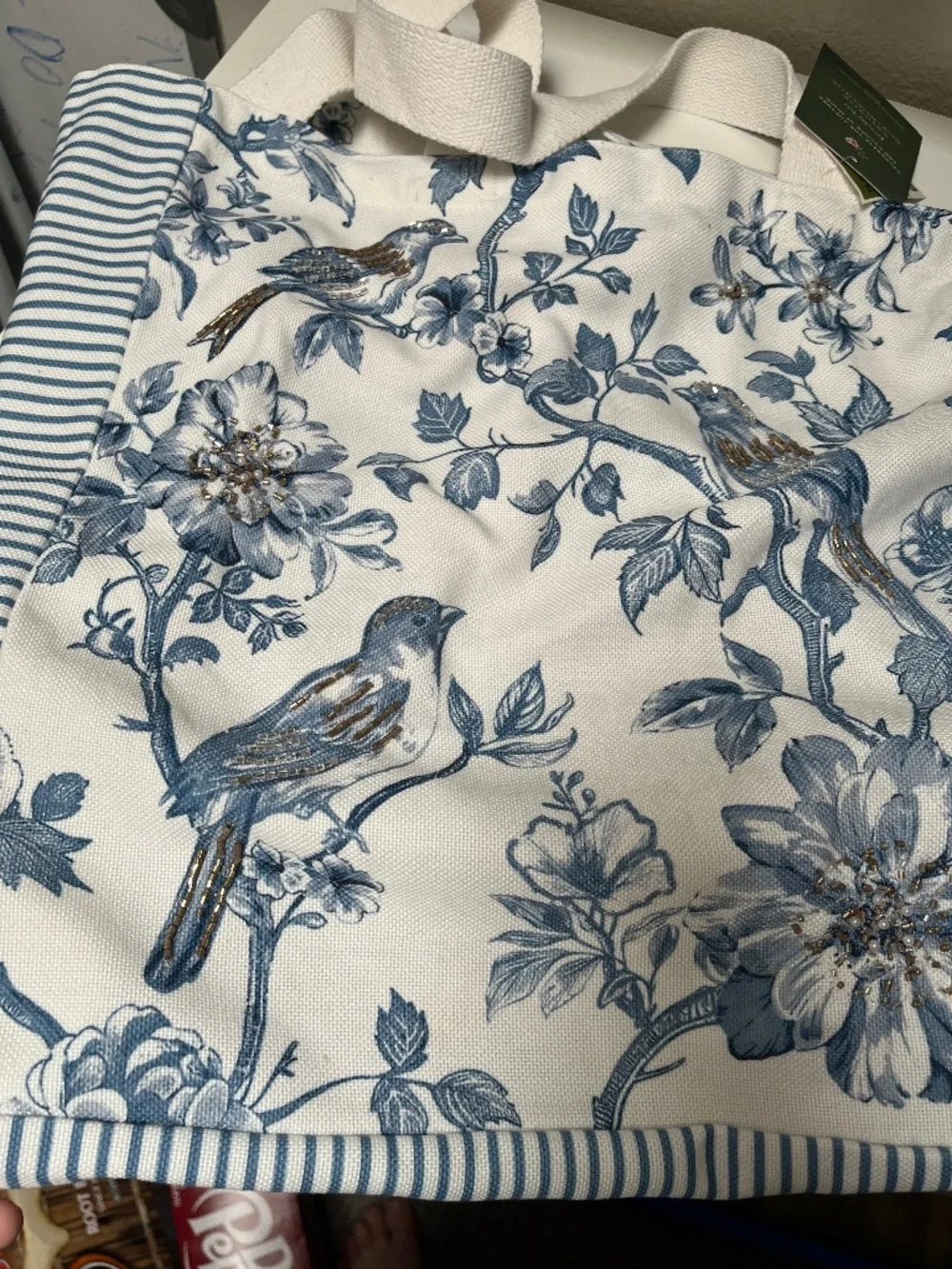 Blue & White Bird Floral Large Tote Bag Beaded Accents – NWT